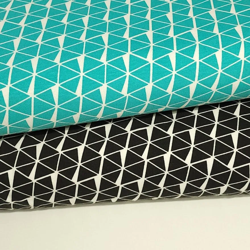 Cotton Knit Fabric Geometric Triangle, Black or Teal Triangle Fabric, Apparel Fabric, European Quality, 4 Way Stretch - Sold by the 1/2 yard