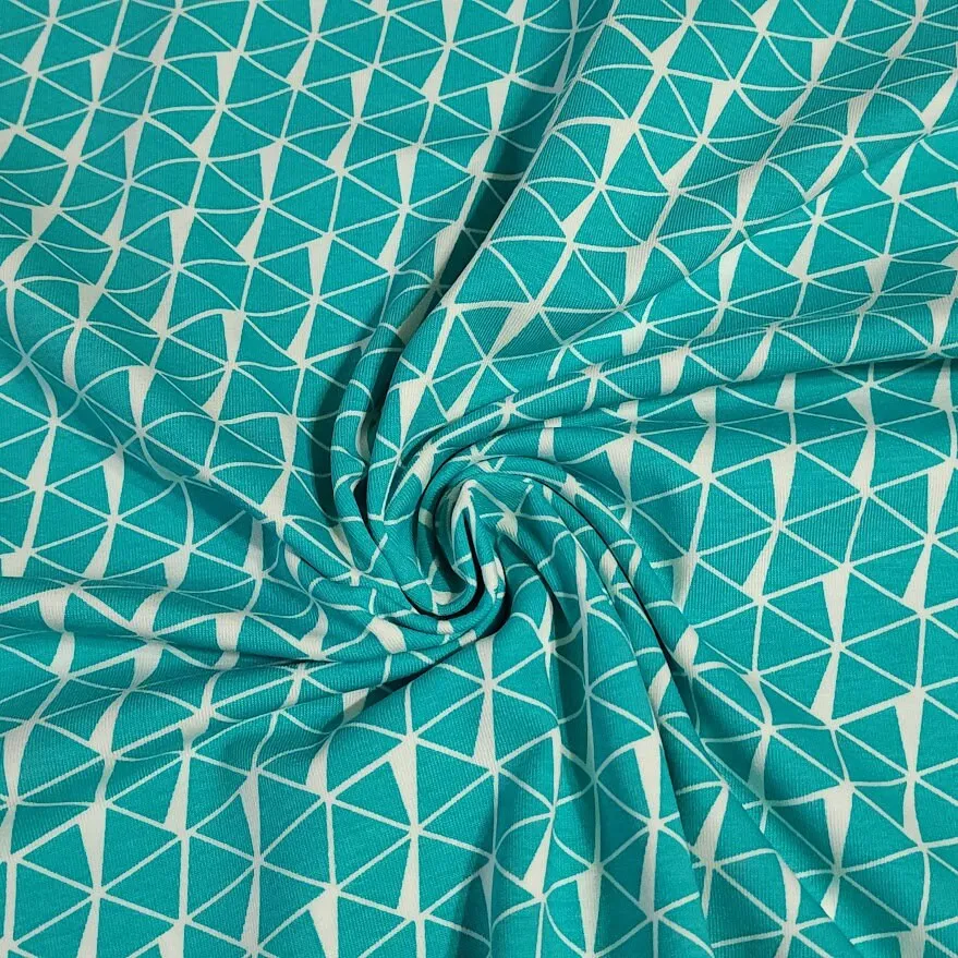 Cotton Knit Fabric Geometric Triangle, Black or Teal Triangle Fabric, Apparel Fabric, European Quality, 4 Way Stretch - Sold by the 1/2 yard