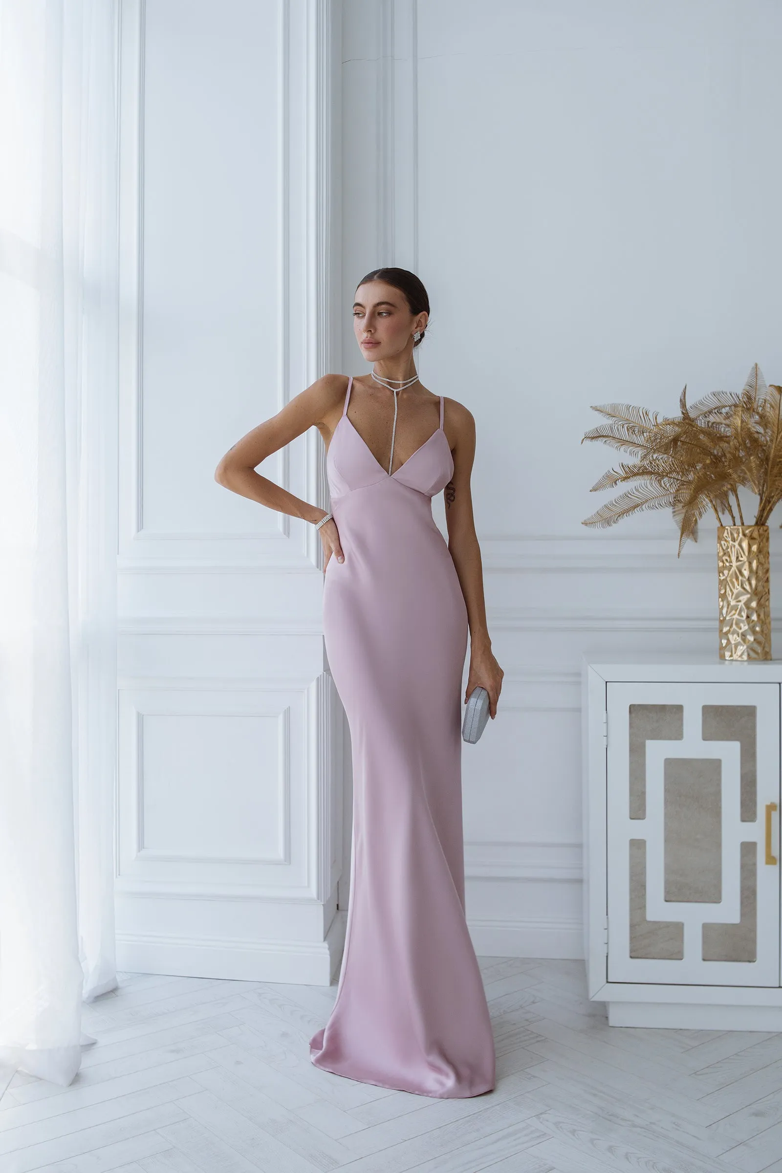 Dusty Pink Satin Slip Maxi Dress