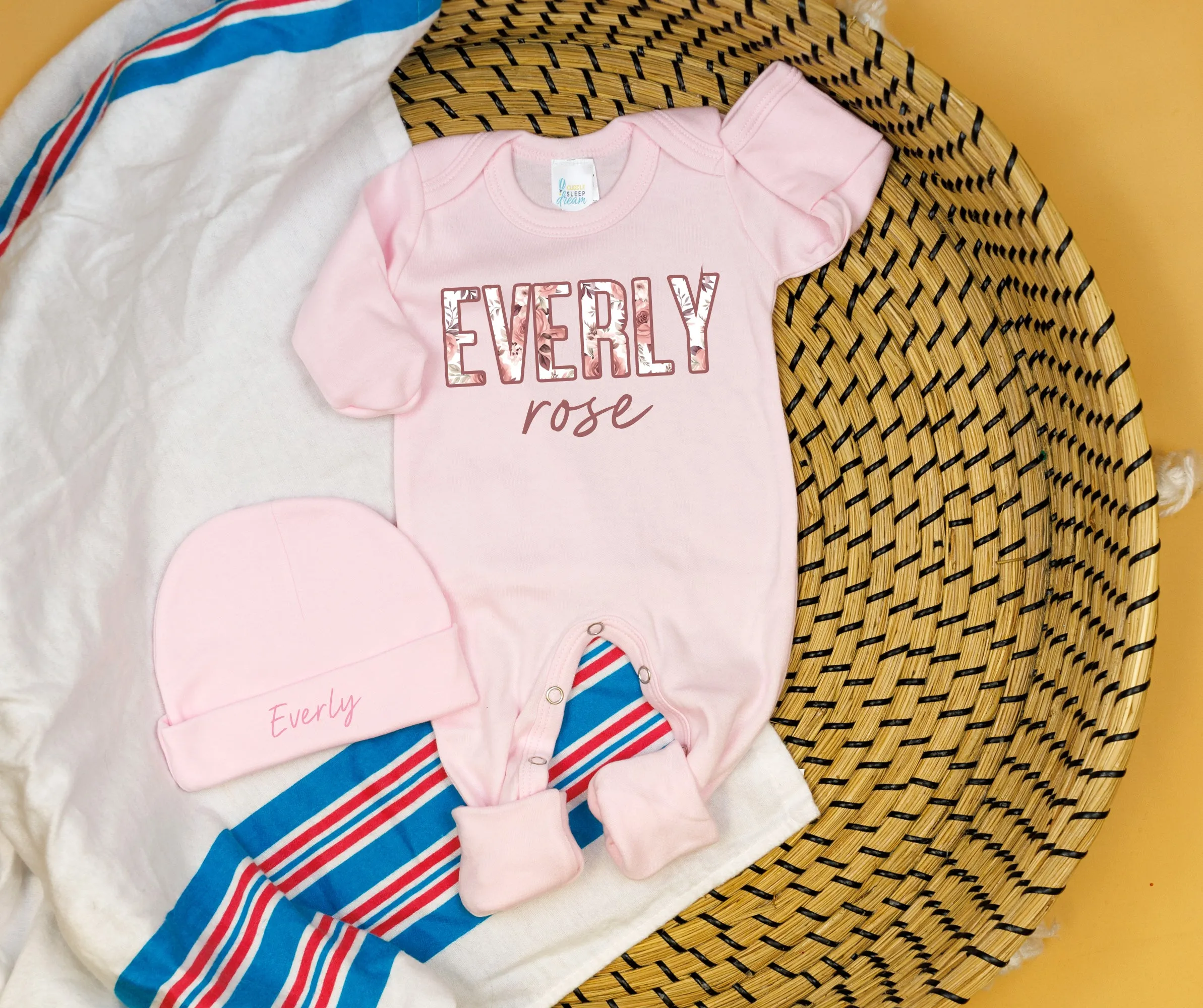 Floral Name Romper & Hat | Pastel Pink