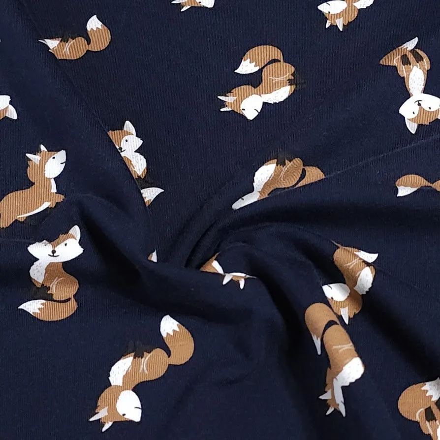 Fun Fox Knit Fabric - Cute Fox Print Cotton Knit Fabric - European Quality - 4 Way Stretch - Perfect for Apparel - Sold by the 1/2 Yard