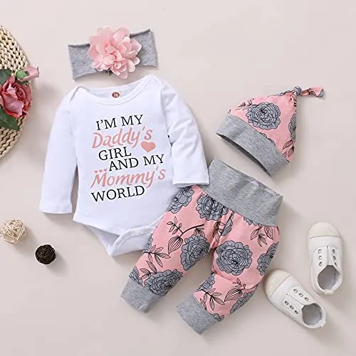 Newborn Baby Girls Ruffle Romper Letter Bodysuit Sunflower Pants Headband Clothes Set (Daddy-b, 3 Months)
