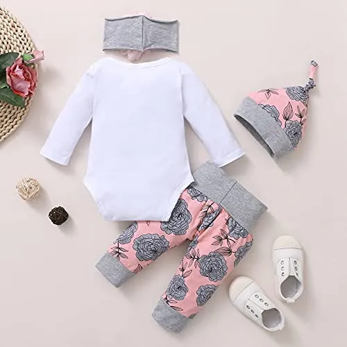 Newborn Baby Girls Ruffle Romper Letter Bodysuit Sunflower Pants Headband Clothes Set (Daddy-b, 3 Months)