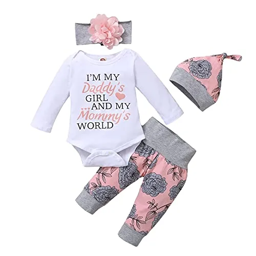 Newborn Baby Girls Ruffle Romper Letter Bodysuit Sunflower Pants Headband Clothes Set (Daddy-b, 3 Months)