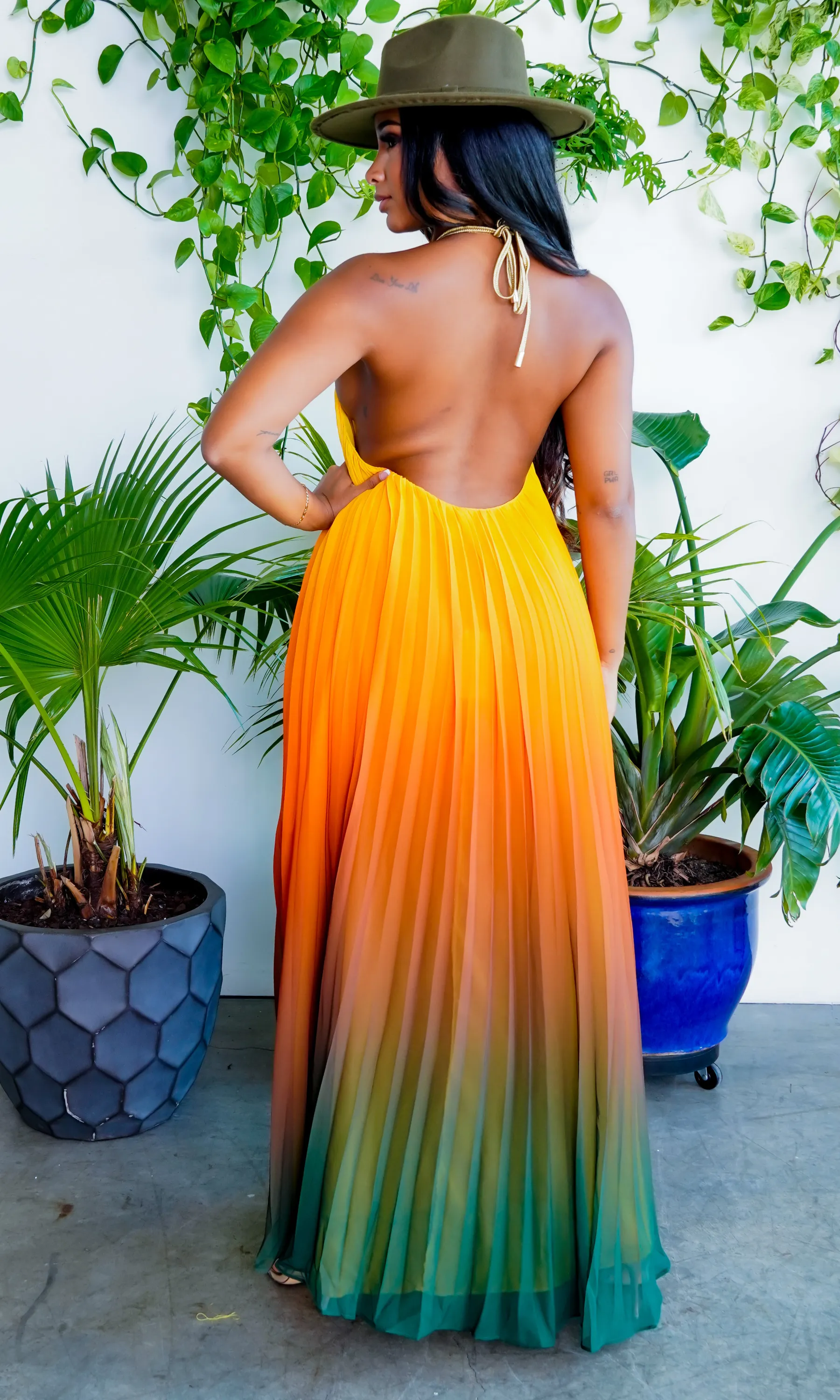Ombre Sunset Pleated Halter Dress | Maxi Dress