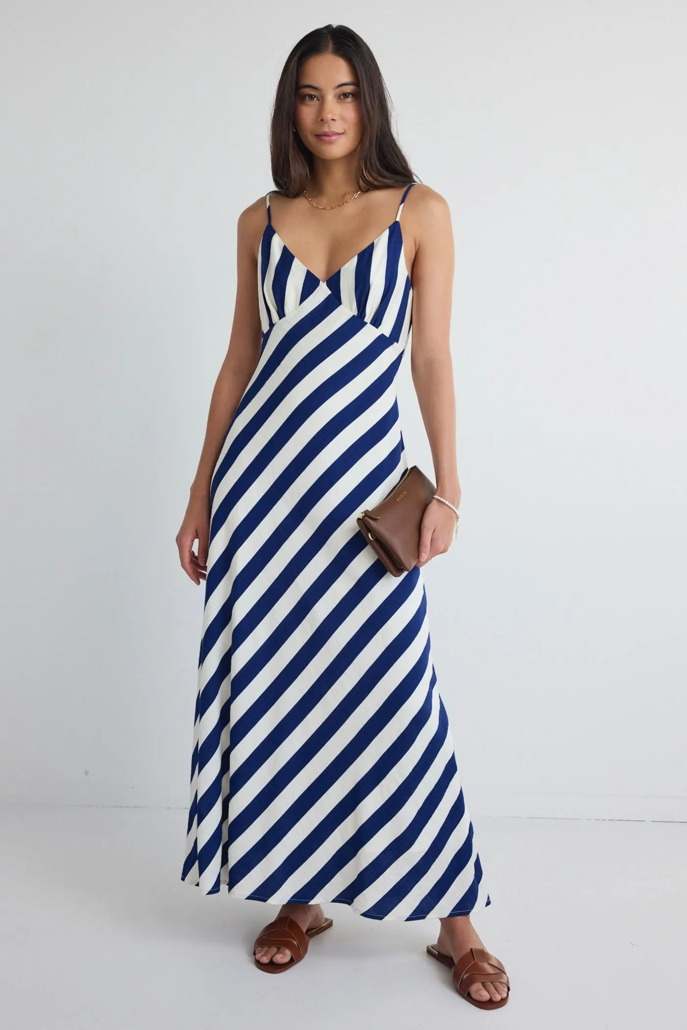 Otherworldly Navy Stripe Bias Slip Midi Dress