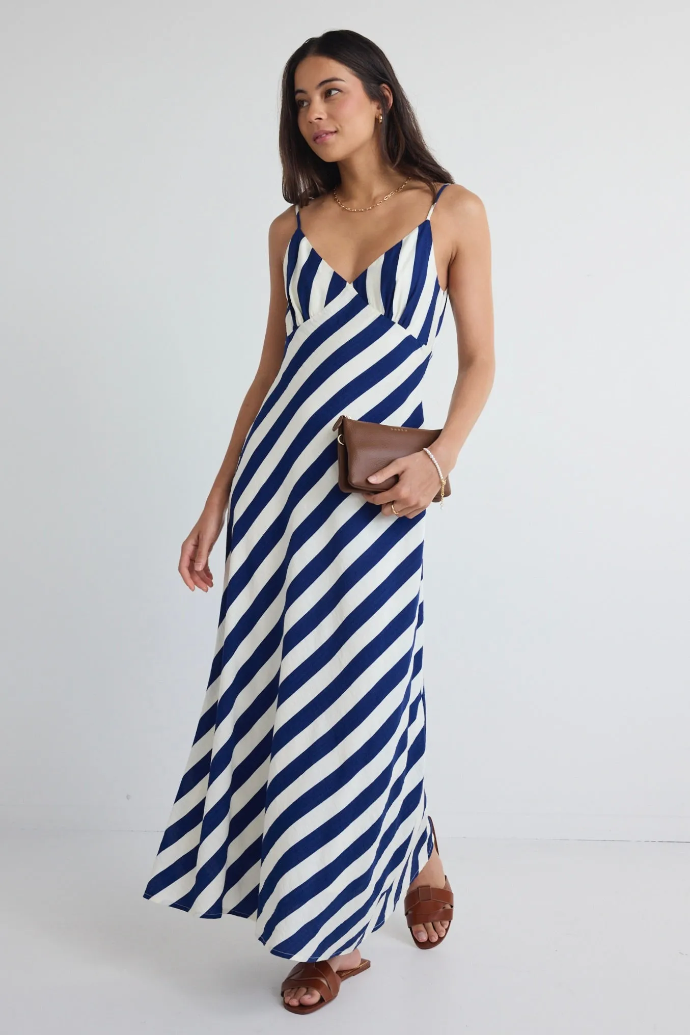 Otherworldly Navy Stripe Bias Slip Midi Dress
