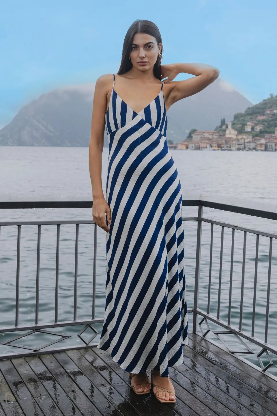 Otherworldly Navy Stripe Bias Slip Midi Dress