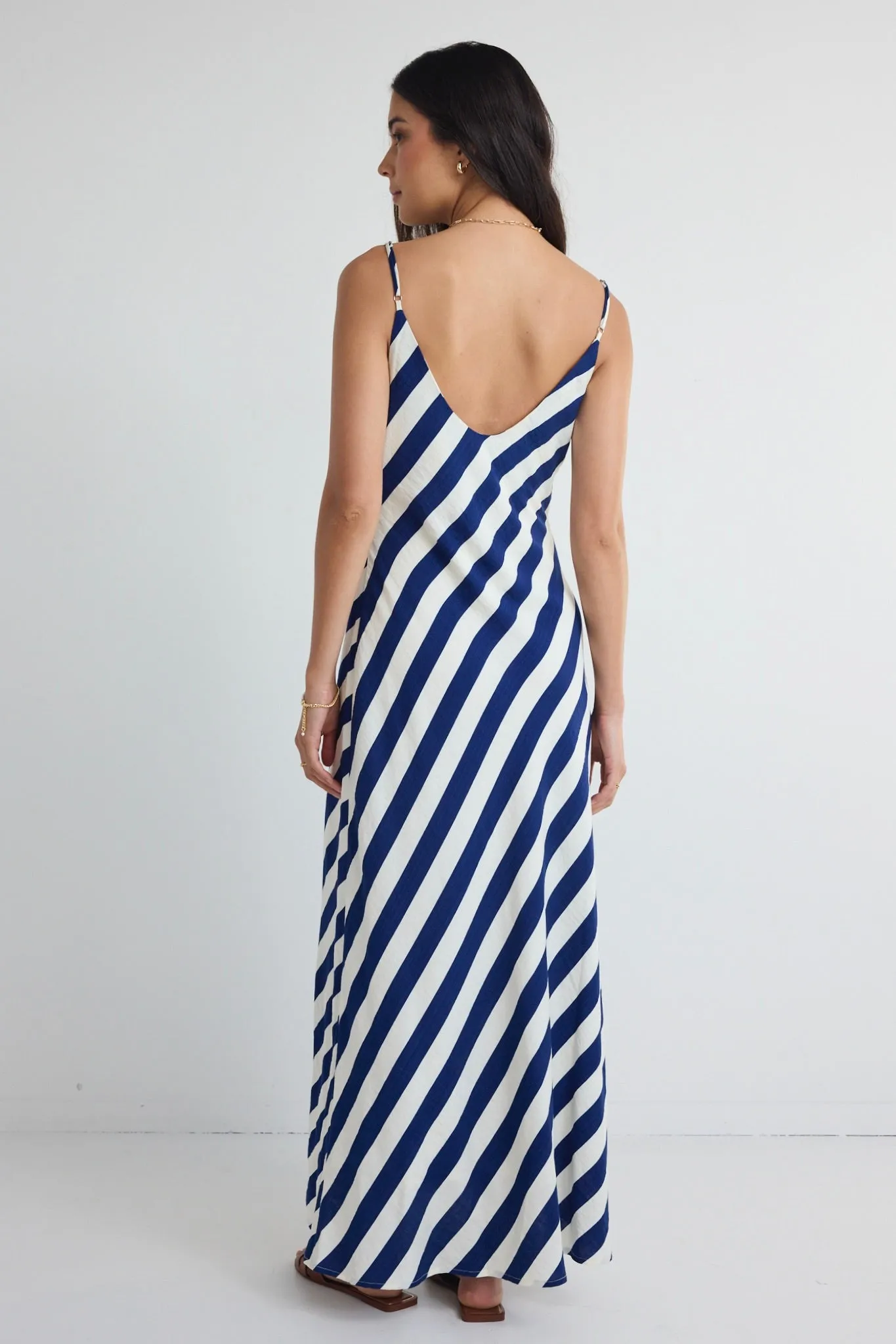 Otherworldly Navy Stripe Bias Slip Midi Dress