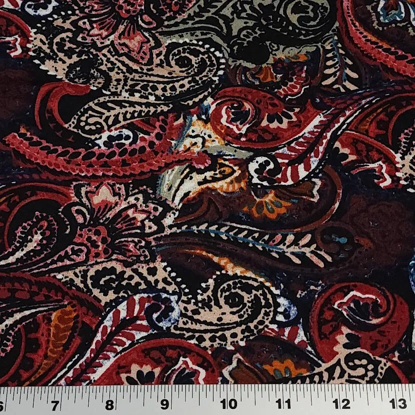 Viscose Spandex Euro Knit Fabric: Beautiful Paisley Print, Excellent Quality Soft and Silky Fabric, 4-way stretch. Sold by the 1/2 yard.