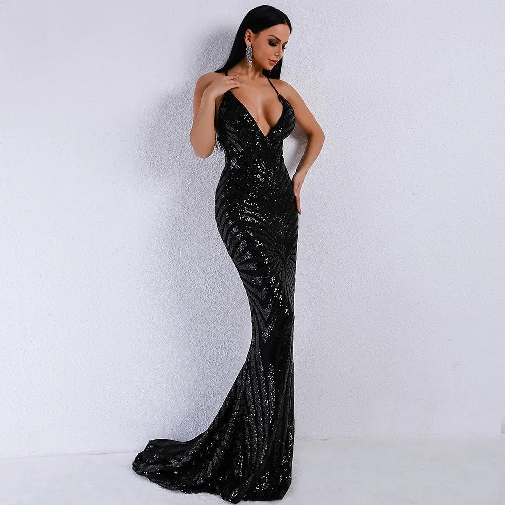 Women's Sequin V-Neck Bodycon Floor-Length Dress