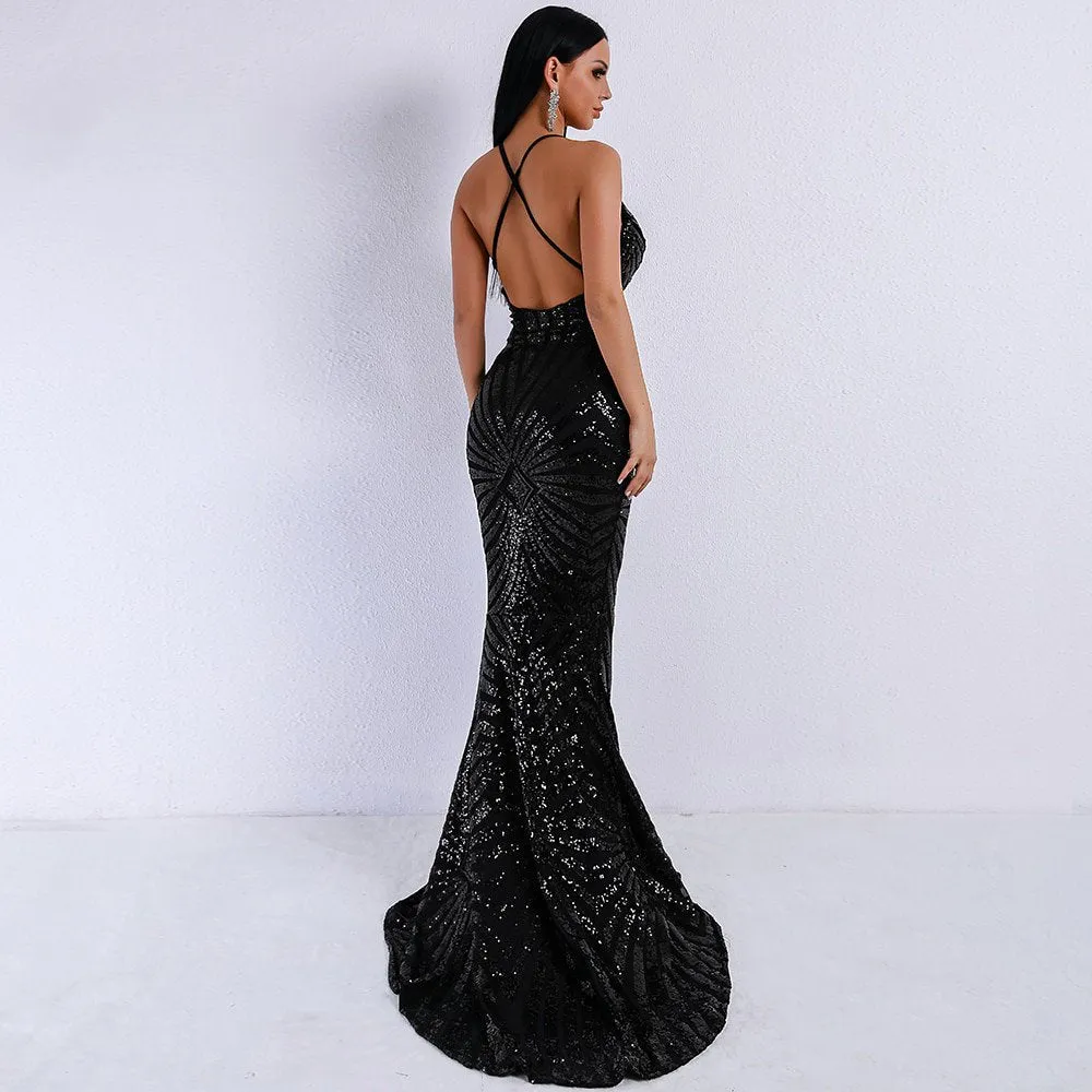 Women's Sequin V-Neck Bodycon Floor-Length Dress