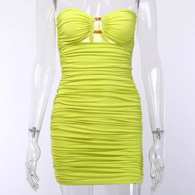 Women's Summer Ruched Strapless Dress With Buckle